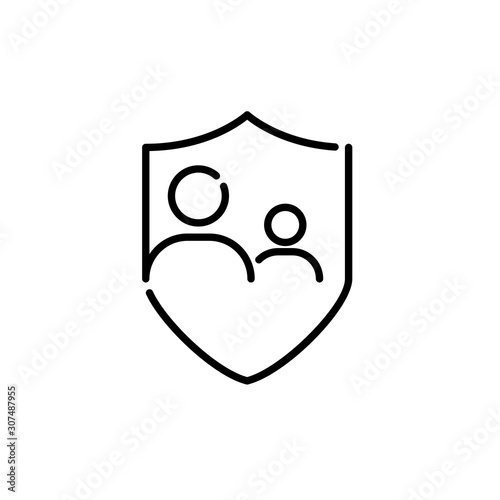 Símbolo control parental. Icono plano lineal familia en escudo en color negro