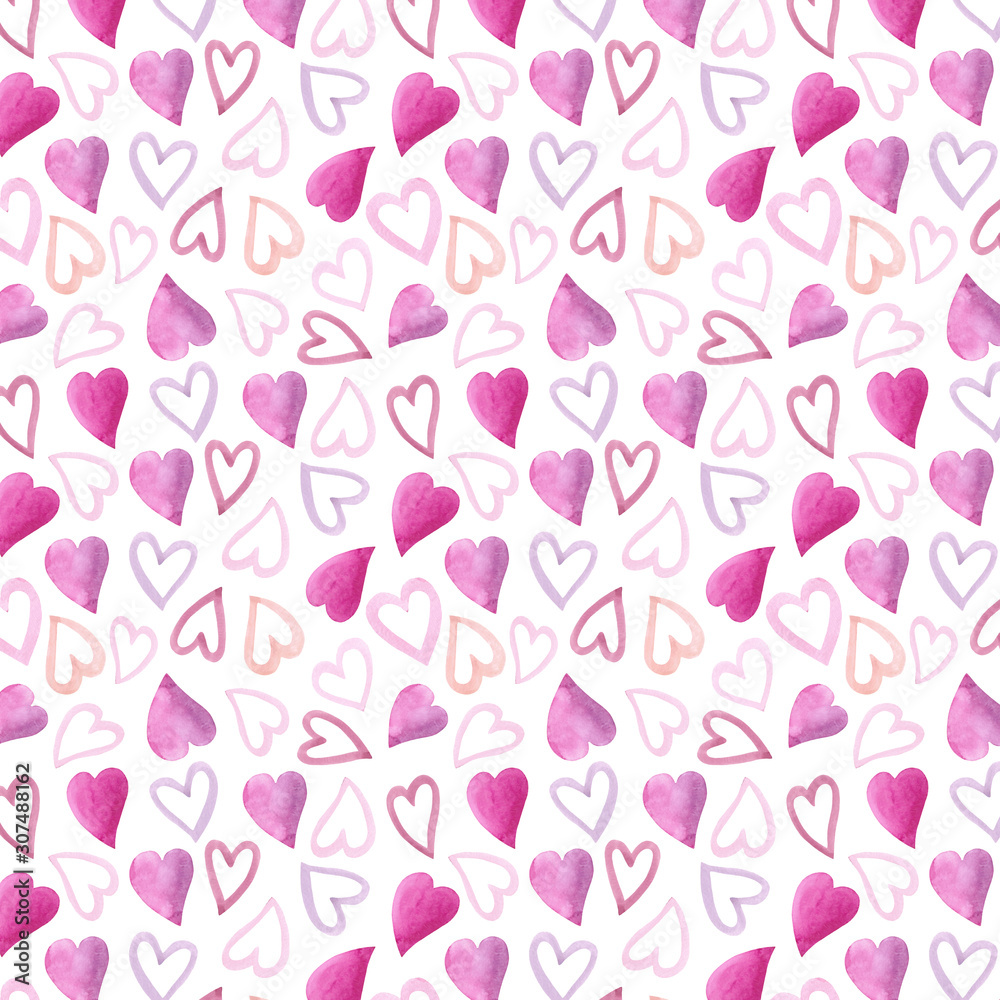 Watercolor seamless pattern with pink hearts. Template for posters, textile, postcards, invitations.