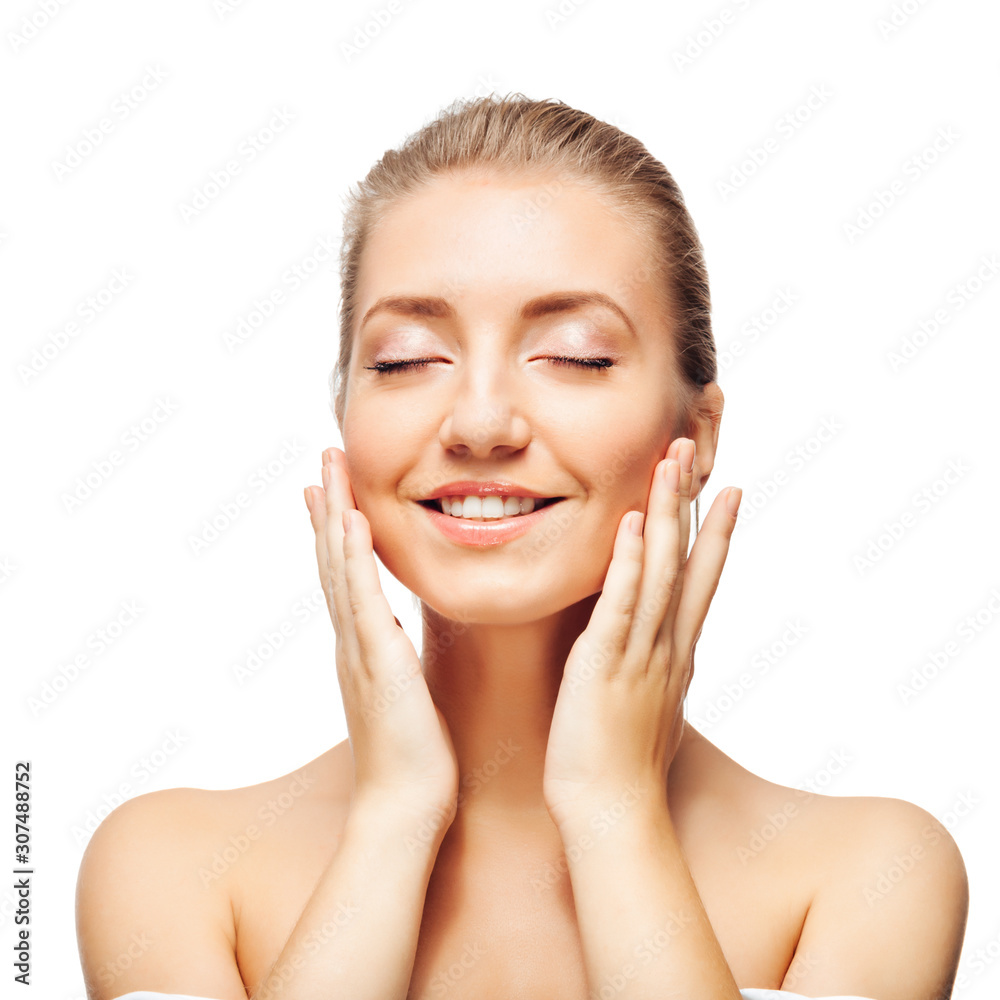 beautiful girl in white towel holding hands to face, eyes closed. skin health care. isolated on white background. beautiful girl in white towel holding hands to face, eyes closed. skin health care. isolated on white background.