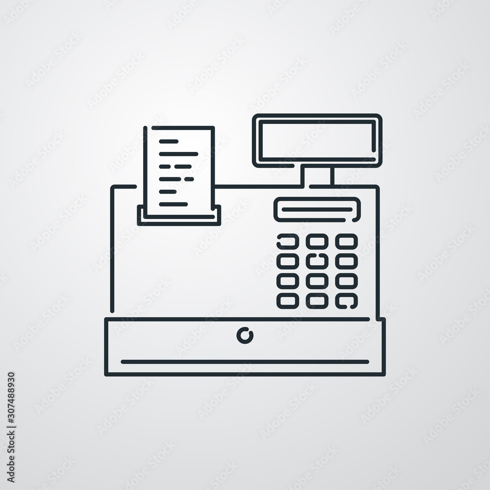 Icono plano lineal caja registradora en fondo gris Icono plano lineal caja registradora en fondo gris
