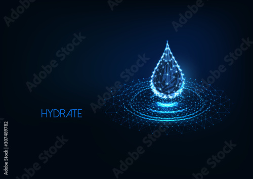 Futuristic glowing low polygonal water drop with splash ripples isolated on dark blue background
