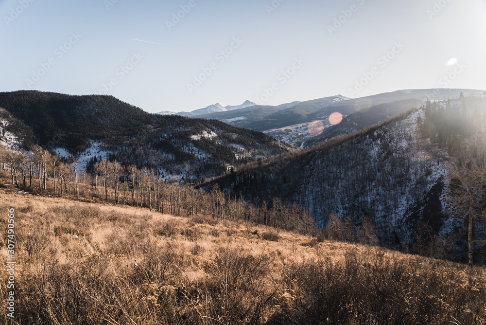 Landscape view of snow dusted hills near Vail, Colorado. 