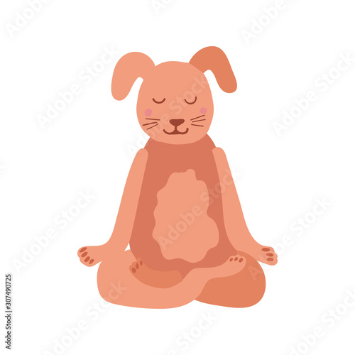 Cartoon Dog performing yoga exercise. Drawing character sitting in lotus posture and meditating vipassana meditation
