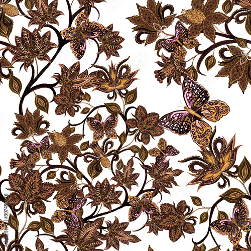 Watercolor seamless pattern with paisley fantasy flowers and butterflies in ethnic style. Floral decoration. Traditional paisley pattern. Textile design texture.Tribal ethnic vintage seamless pattern. photo