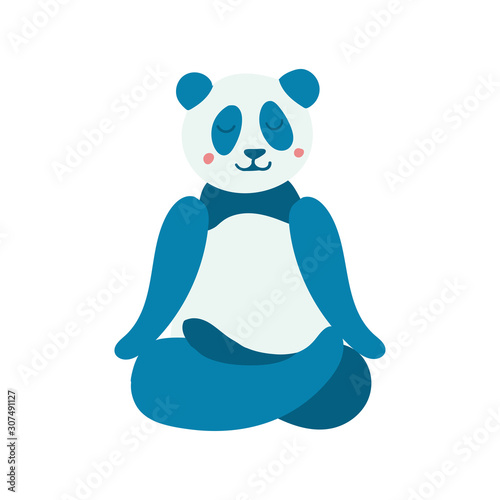 Cartoon panda performing yoga exercise. Drawing character sitting in lotus posture and meditating vipassana 