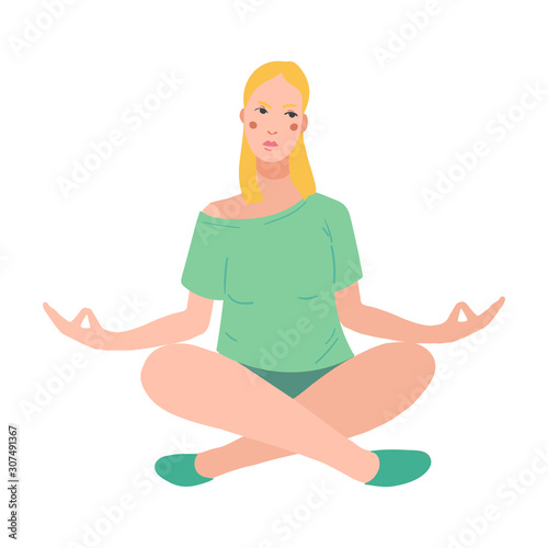 Young pretty woman performing yoga exercise. Female cartoon character sitting in lotus posture and meditating vipassana