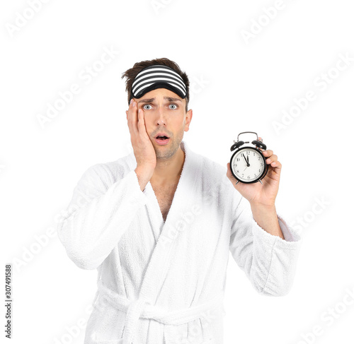 Surprised man in bathrobe, ...