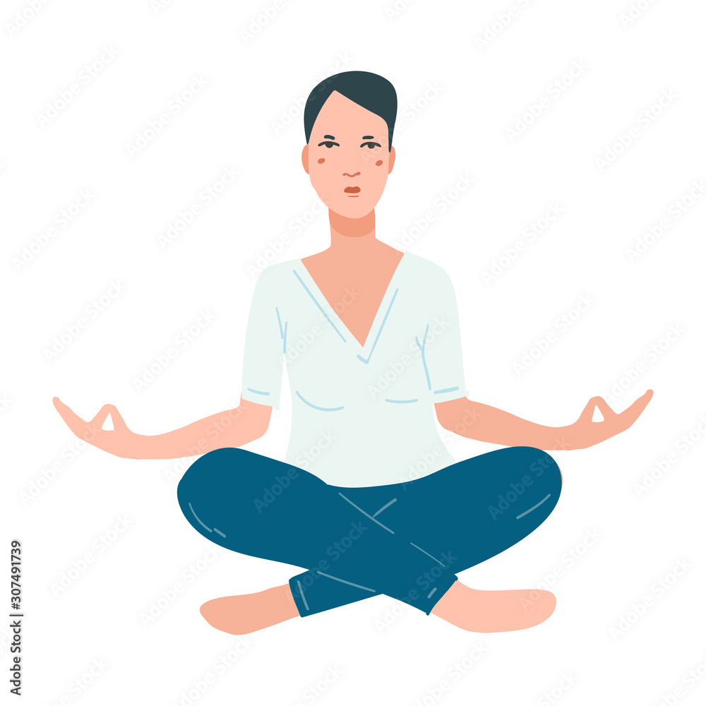 Young pretty woman performing yoga exercise. Female cartoon character sitting in lotus posture and meditating vipassana