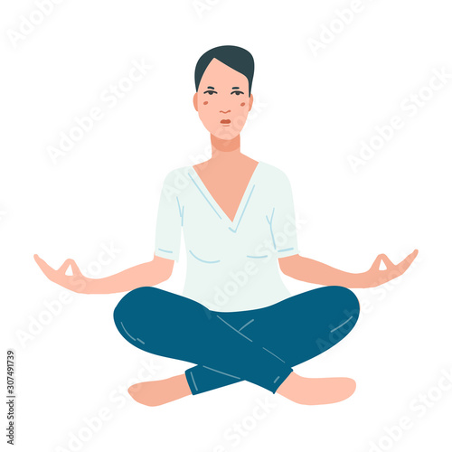 Young pretty woman performing yoga exercise. Female cartoon character sitting in lotus posture and meditating vipassana
