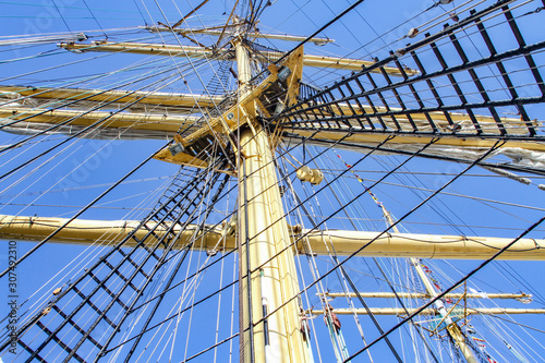 Upwards view of an old ship's masts. Old sailing ship mast. Rigging and mast of old ship.
