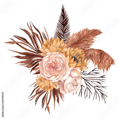 Watercolor hand draw bouquet with dried flowers, pampas grass, seeds and palm leaves, isolated on white background photo