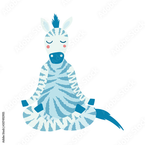 Cartoon zebra performing yoga exercise. Drawing character sitting in lotus posture and meditating vipassana meditation