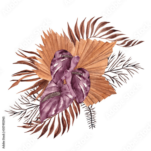 Watercolor hand draw bouquet with dried flowers, pampas grass, seeds and palm leaves, isolated on white background photo