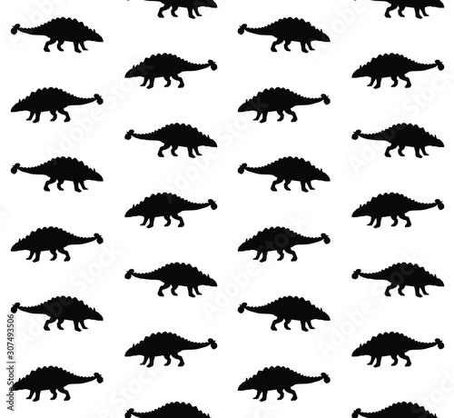 Vector seamless pattern of black ankylosaurus dinosaur silhouette isolated on white background