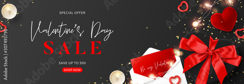Promo banner for Valentine's Day sale. Vector illustration with black gift box, envelope, ring box, candles, light garland, red hearts and confetti on black background. Promo discount banner.