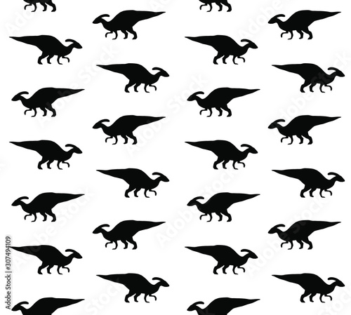 Vector seamless pattern of black parasaurolophus dinosaur silhouette isolated on white background