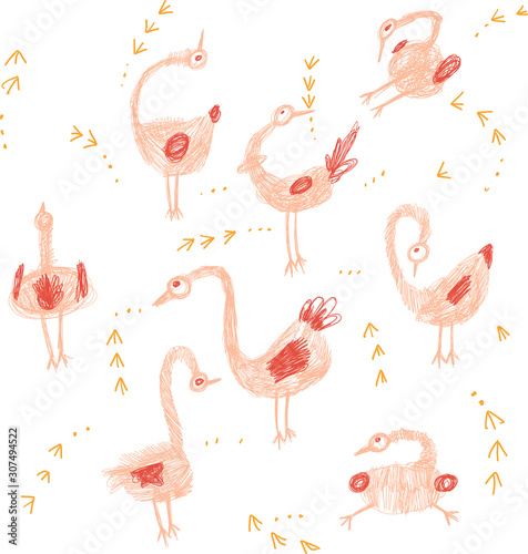 Crazy birds hand drawing set in pink and orange colour for children.