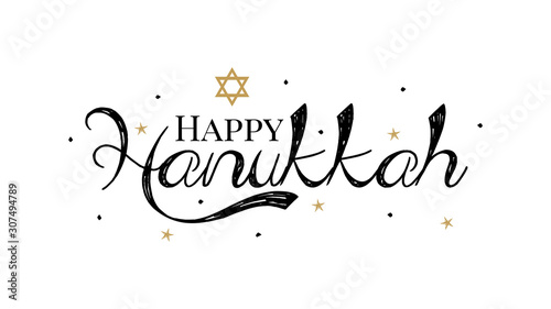 Hand drawn Happy Hanukkah lettering typography poster. Celebration text on isolated background for postcard, icon, logo or badge. Vector vintage style calligraphy EPS10
