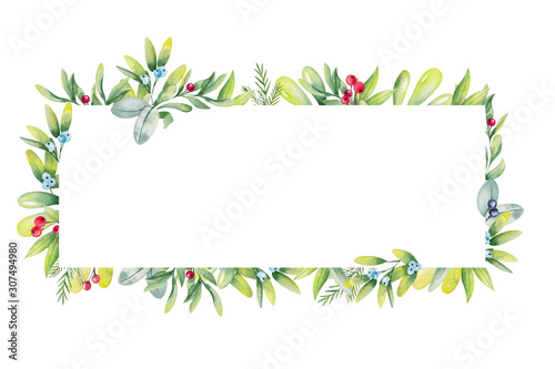 Watercolor holiday frame. Floral border on white background. Christmas card.