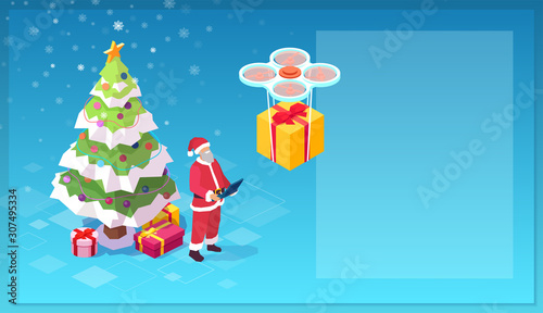 Vector of a santa claus controlling a drone with gift boxe delivering a present