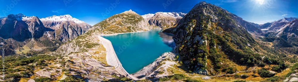 Aerial view of Gelmer Lake near by the Grimselpass in Swiss Alps, Gelmersee, Switzerland