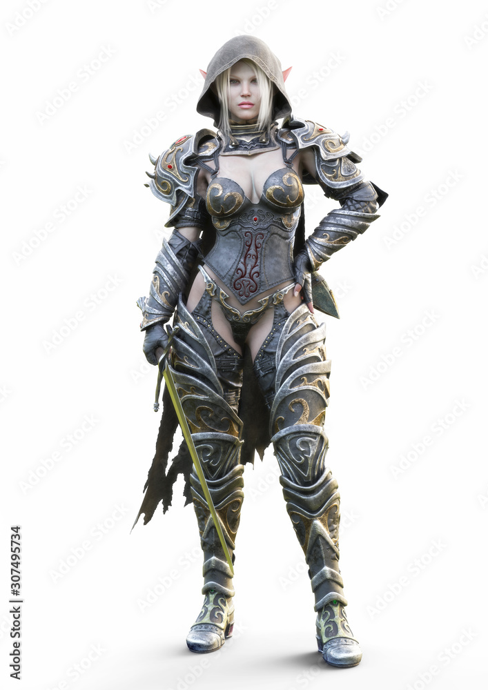 Portrait of a fantasy heavily armored hooded dark elf female warrior with white long hair and equipped with a sword . 3d rendering. Fantasy illustration on an isolated white background Portrait of a fantasy heavily armored hooded dark elf female warrior with white long hair and equipped with a sword . 3d rendering. Fantasy illustration on an isolated white background
