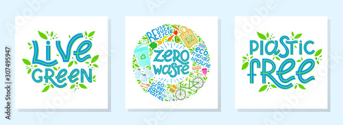 Bundle of zero waste vector lettering.Ink brush inscription.Eco friendly lifestyle slogans,hand drawn illustrations.Perfect for product signs,labels,stickers,eco posters,typography design and more