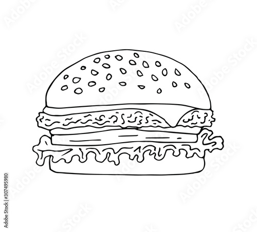 Vector hand drawn doodle sketch outline cheese burger isolated on white background