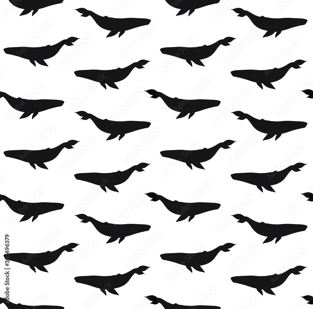 Vector seamless pattern of black blue whale silhouette isolated on white background