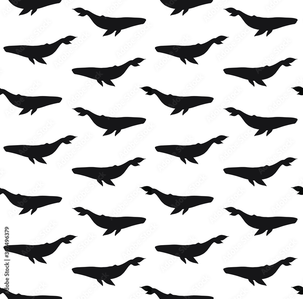 Vector seamless pattern of black blue whale silhouette isolated on white background Vector seamless pattern of black blue whale silhouette isolated on white background