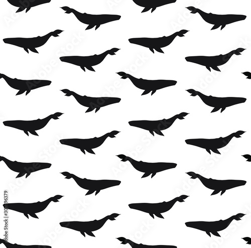 Vector seamless pattern of black blue whale silhouette isolated on white background