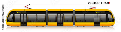The modern city tram is yellow. Side view. Eco-friendly electric transport. Way to work and home.