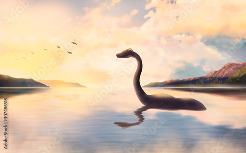 The Loch ness monster looks at the birds at sunset.