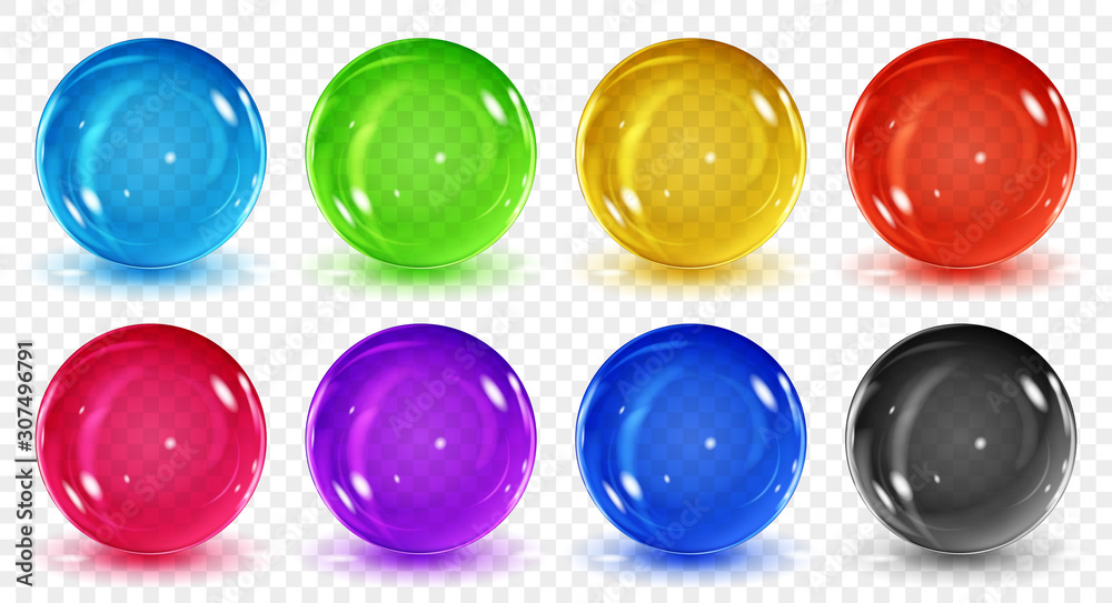 Set of translucent colored spheres with shadows on transparent background. Transparency only in vector format Set of translucent colored spheres with shadows on transparent background. Transparency only in vector format
