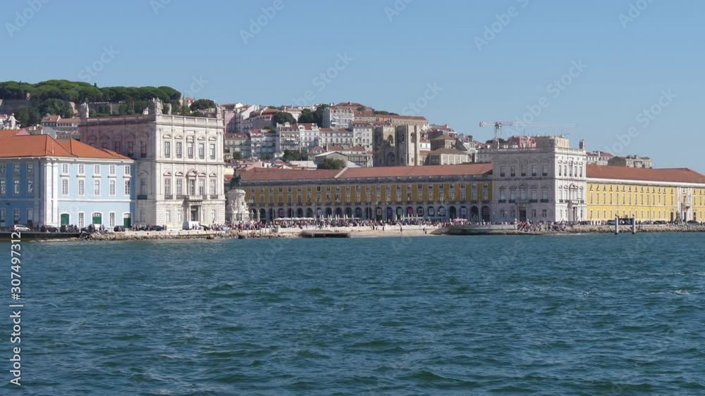 commerce square lisbon view from boat in river tagus 4k commerce square lisbon view from boat in river tagus 4k