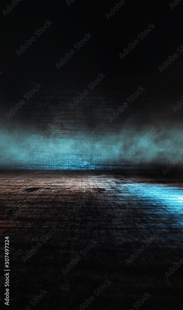 Obraz premium Fondo de habitación oscura con suelo de cemento.Niebla o humo iluminado por luz del foco.
