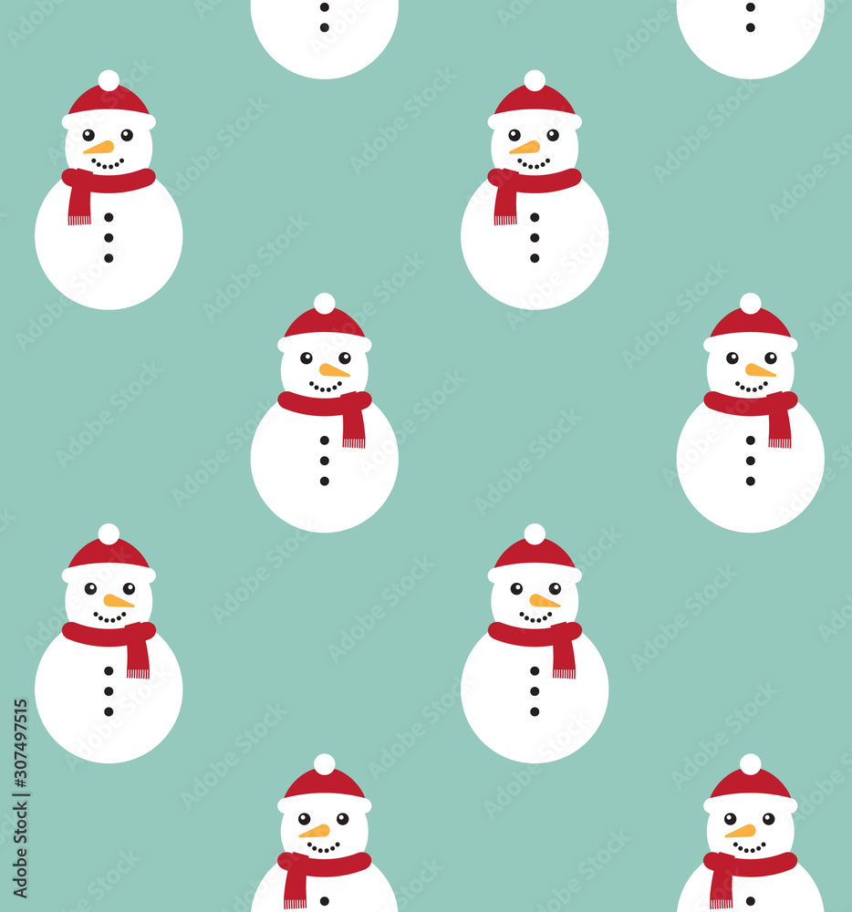Vector seamless pattern of flat cartoon snowman isolated on mint background