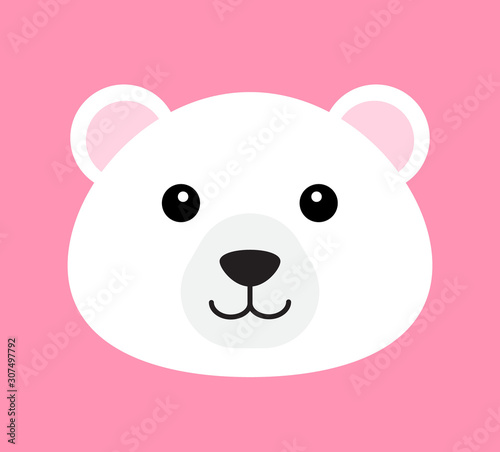 Vector flat cartoon polar bear face isolated on pink  background 