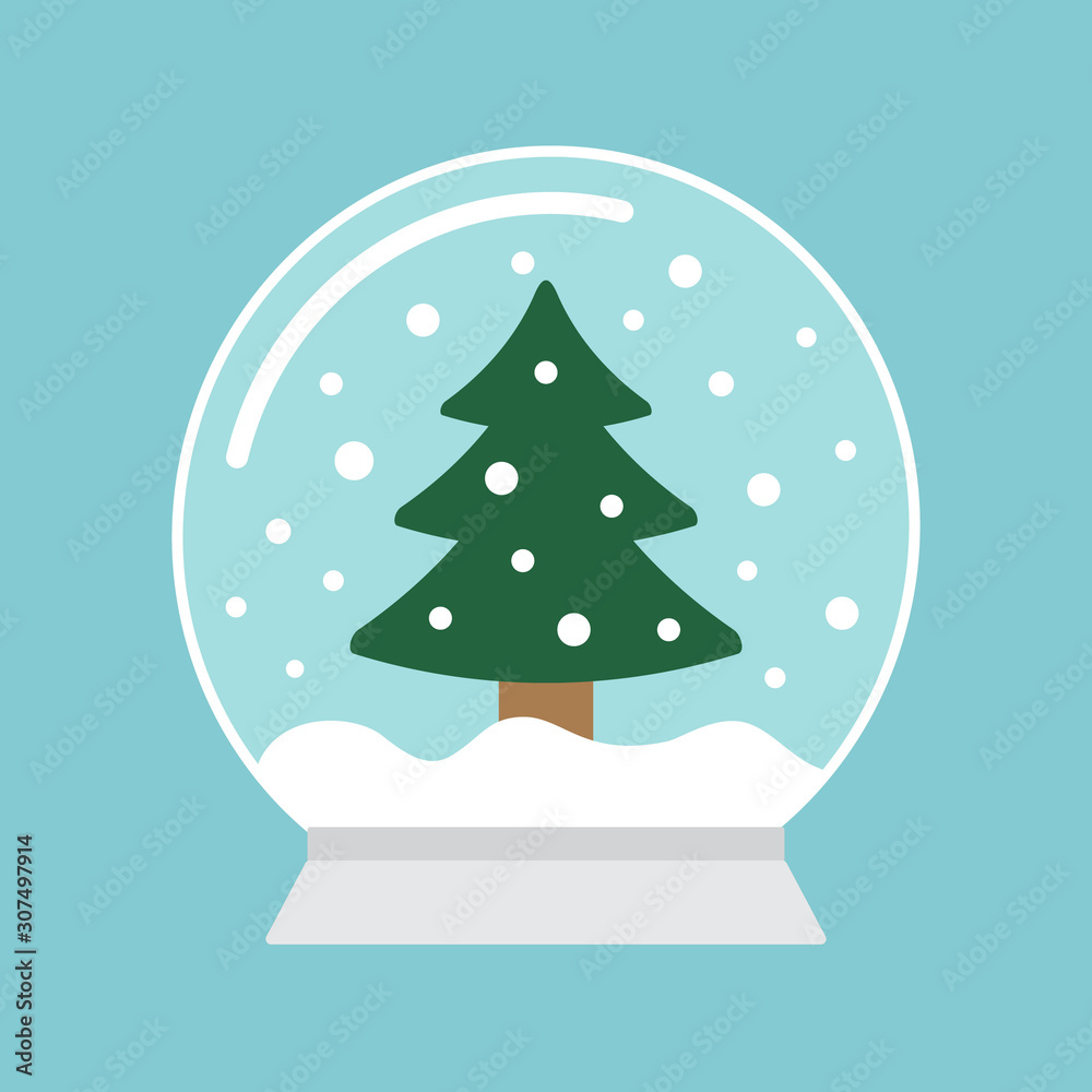 Naklejka premium Vector flat cartoon snowball with Christmas fur tree isolated on blue background