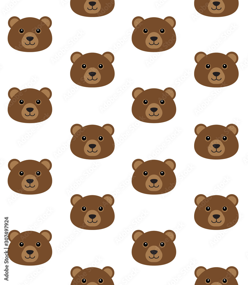 Vector seamless pattern of flat cartoon bear grizzly face isolated on white background Vector seamless pattern of flat cartoon bear grizzly face isolated on white background