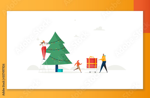 Merry Christmas, The New Year, Happy Holidays concept. Family with children decorate Christmas tree and prepare gift boxes outdoors. Vector illustration in cartoon design © Aleksandr