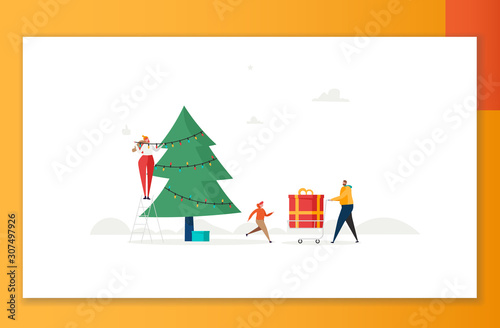Merry Christmas, The New Year, Happy Holidays concept. Family with children decorate Christmas tree and prepare gift boxes outdoors. Vector illustration in cartoon design