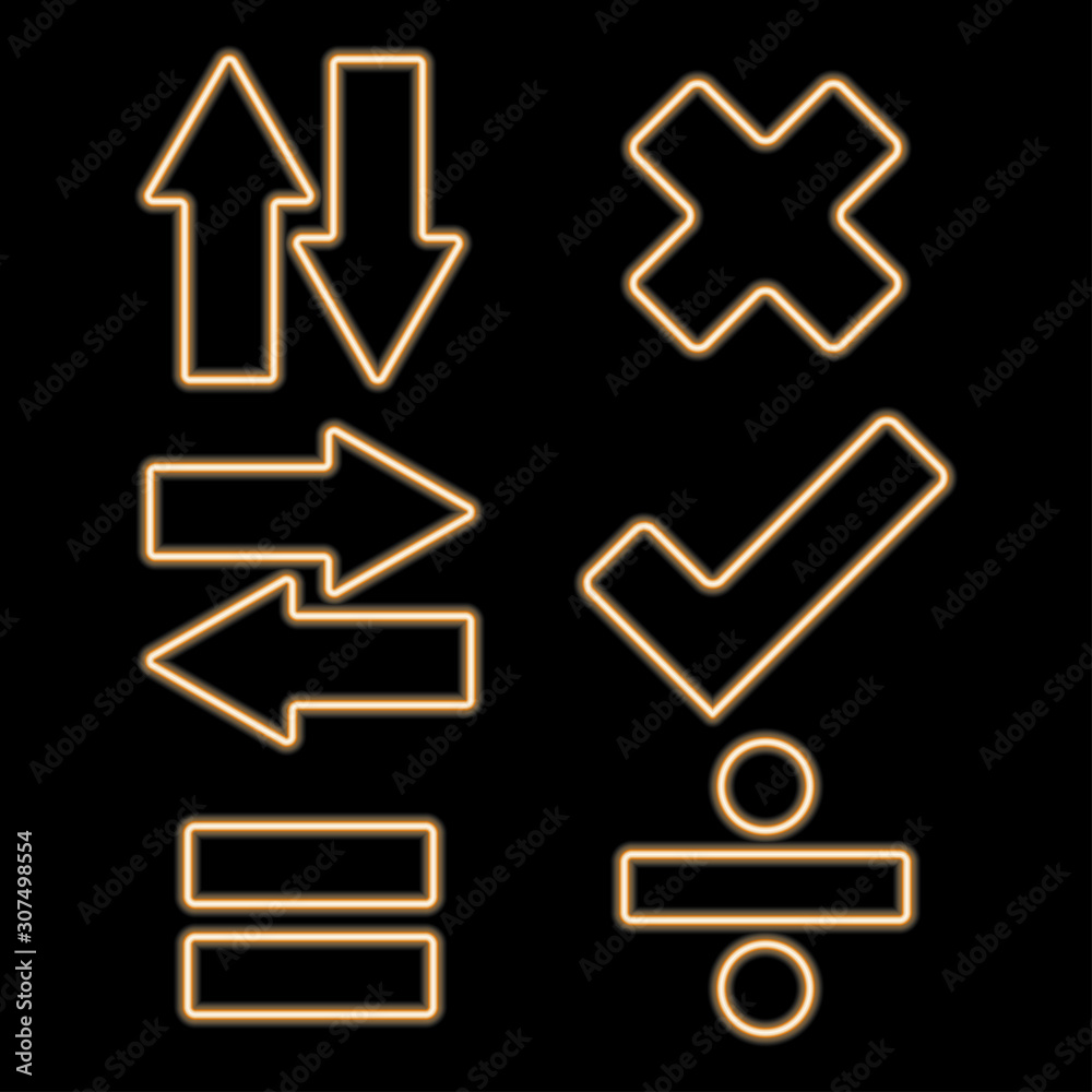 up , dows ,left ,right arrow neon icon.Accept and Decline neon icon.Equal and Division sign neon. Elements of web set. Simple icon for websites, web design, mobile app, info graphics