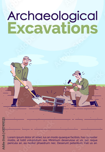 Archaeological excavations brochure template. Flyer, booklet, leaflet concept with flat illustrations. Vector page cartoon layout for magazine. Field research advertising invitation with text space