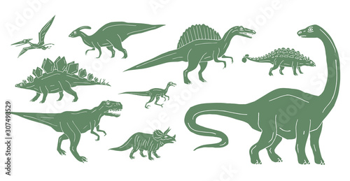 Vector set bundle of green hand drawn doodle sketch dinosaurs isolated on white background