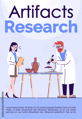 Artifact research brochure template. Flyer, booklet, leaflet concept with flat illustrations. Vector page cartoon layout for magazine. Lab dating method advertising invitation with text space