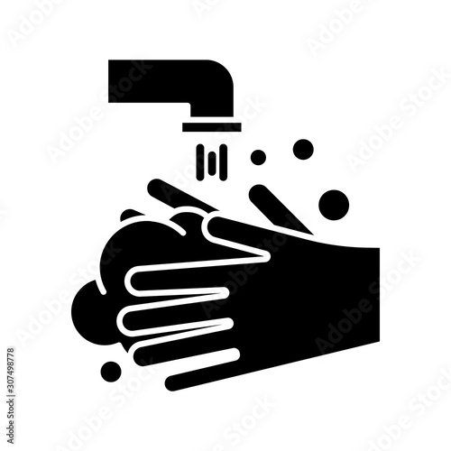 Rinse hands glyph icon. Hygiene and healthcare. Common cold precaution. Germ cleansing. Washing hand. Disinfect from flu bacteria. Silhouette symbol. Negative space. Vector isolated illustration