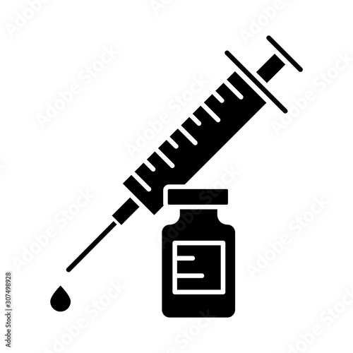 Vaccination glyph icon. Syringe with vial. Common cold prevention. Immunization shot. Healthcare. Medication and pharmacy. Silhouette symbol. Negative space. Vector isolated illustration
