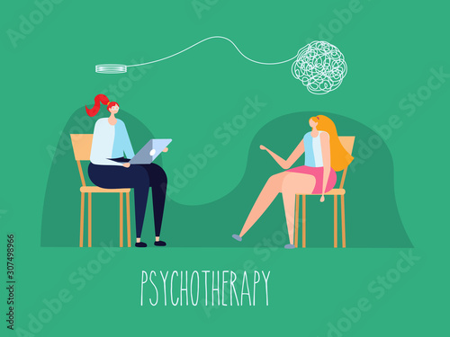 Psychotherapy session, psychological consultation and abstract problems concept. Woman psychologist advises patient on chair. Vector illustration in cartoon design