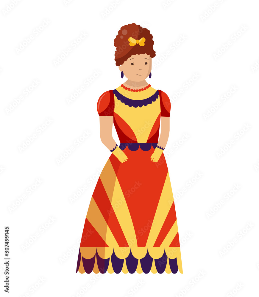 Renaissance clothing vector woman character in medieval fashion vintage dress. Historical royal clothes illustration. Baroque people in artistic costume cloth isolated on white background